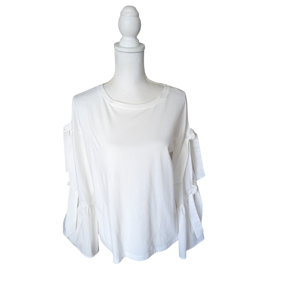 Halogen Blouse Long Sleeve White Pullover With Tie Detailing On Sleeves Sz M